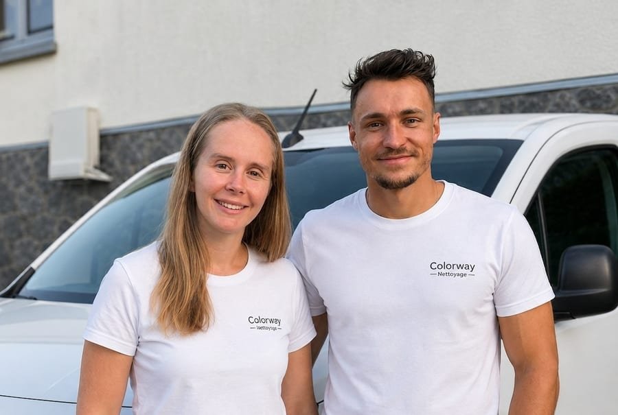 Amélie et Thibaut, fondateurs de Colorway Nettoyage à Flers, devant leur véhicule d'intervention